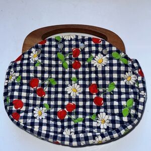 Vtg 60s/70s blue & white check quilted small purse with cherry & daisy print